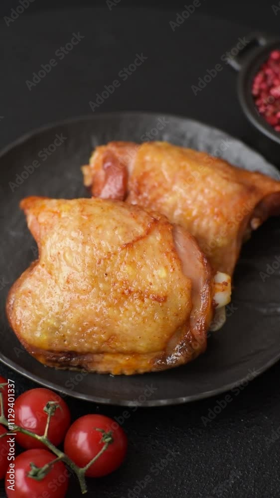 Chicken thighs fried with salt, spices and herbs on a dark concrete background