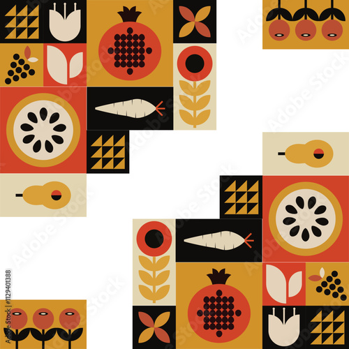 Geometric mosaic background featuring organic fruits and vegetables in a simple Swiss Bauhaus style.