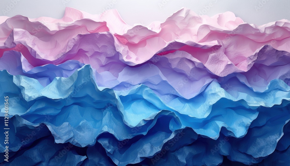 The image is a colorful, abstract representation of a wave made out of paper The image is a colorful, abstract representation of a wave made out of paper