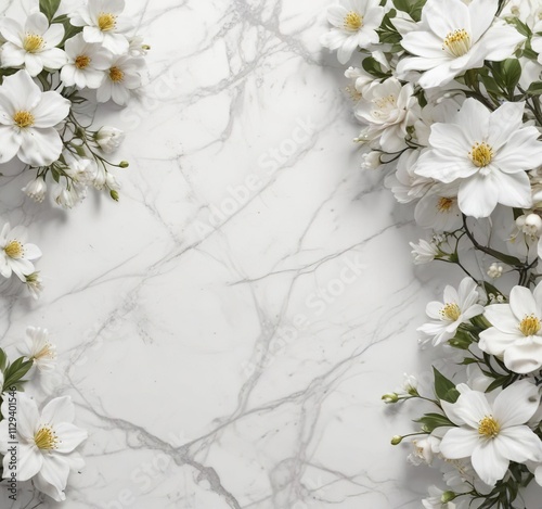 White marble background with delicate white flowers, grief, remembrance, funeral, respect, sympathy