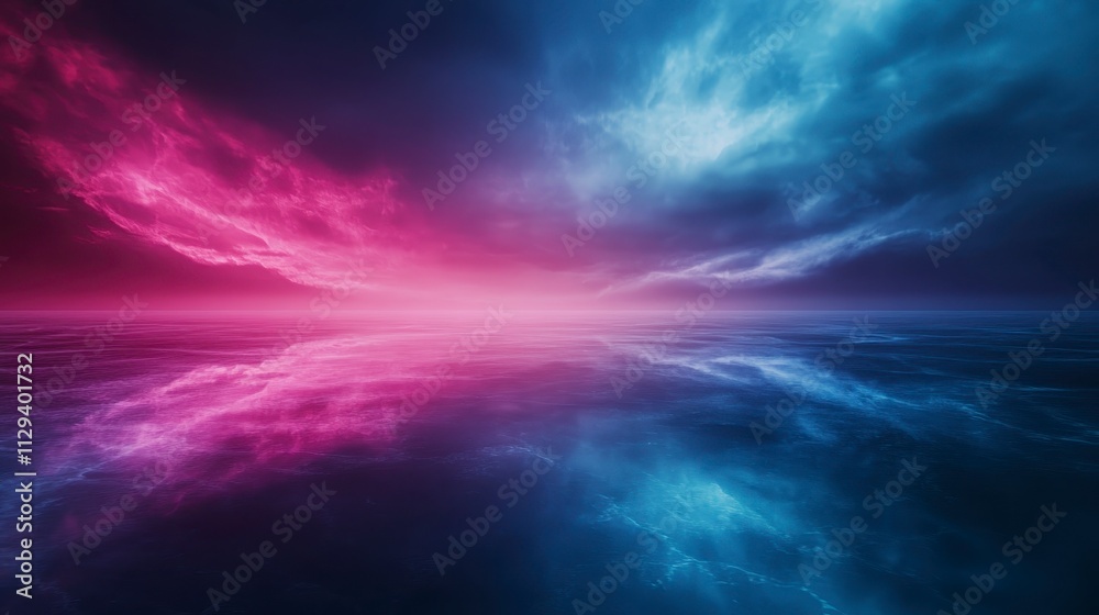 A vibrant, surreal landscape of pink and blue hues reflecting over calm waters, evoking a sense of serenity and cosmic beauty. A vibrant, surreal landscape of pink and blue hues reflecting over calm waters, evoking a sense of serenity and cosmic beauty.