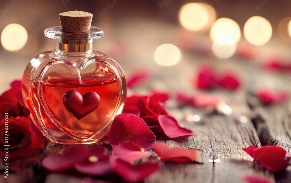 A romantic perfume display with rose petals and heart-shaped decorations for valentines day