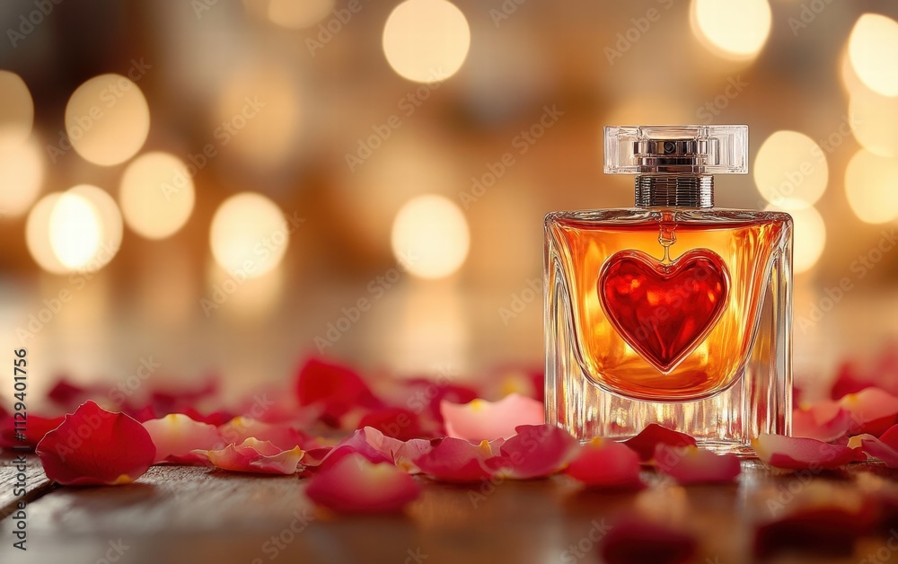 A romantic perfume display with rose petals and heart-shaped decorations for valentines day A romantic perfume display with rose petals and heart-shaped decorations for valentines day