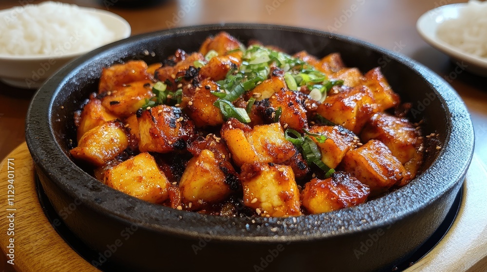 Sizzling spicy fried tofu and chicken served with warm rice in a traditional stone pot setting Sizzling spicy fried tofu and chicken served with warm rice in a traditional stone pot setting