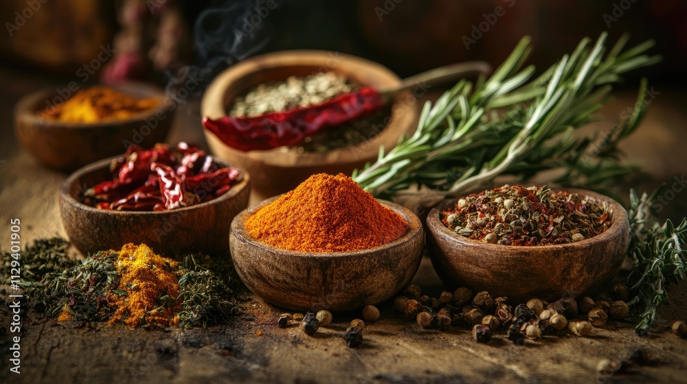 Fototapeta premium Assorted colorful spices in wooden bowls with fresh rosemary sprigs creating a rustic kitchen ambiance for culinary inspiration.
