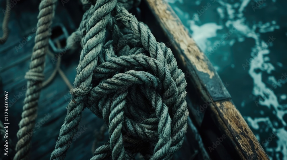 Fototapeta premium Close up of intertwined ship ropes on a wooden deck with ocean water in the background, capturing nautical textures and maritime themes.