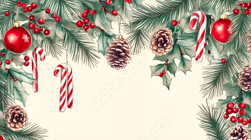 Pencil and watercolor illustration christmas background with fir branches and balls