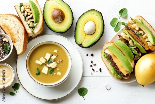 Healthy meal with avocado sandwiches, soup, and chia seeds.