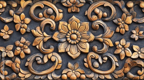 Traditional Indonesian wooden carving featuring intricate floral designs and elaborate patterns ideal for architectural decor and heritage aesthetics photo