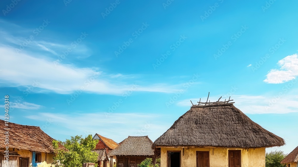 Traditional village house with thatched roof under a bright blue sky showcasing rural architecture and serene landscape. Traditional village house with thatched roof under a bright blue sky showcasing rural architecture and serene landscape.