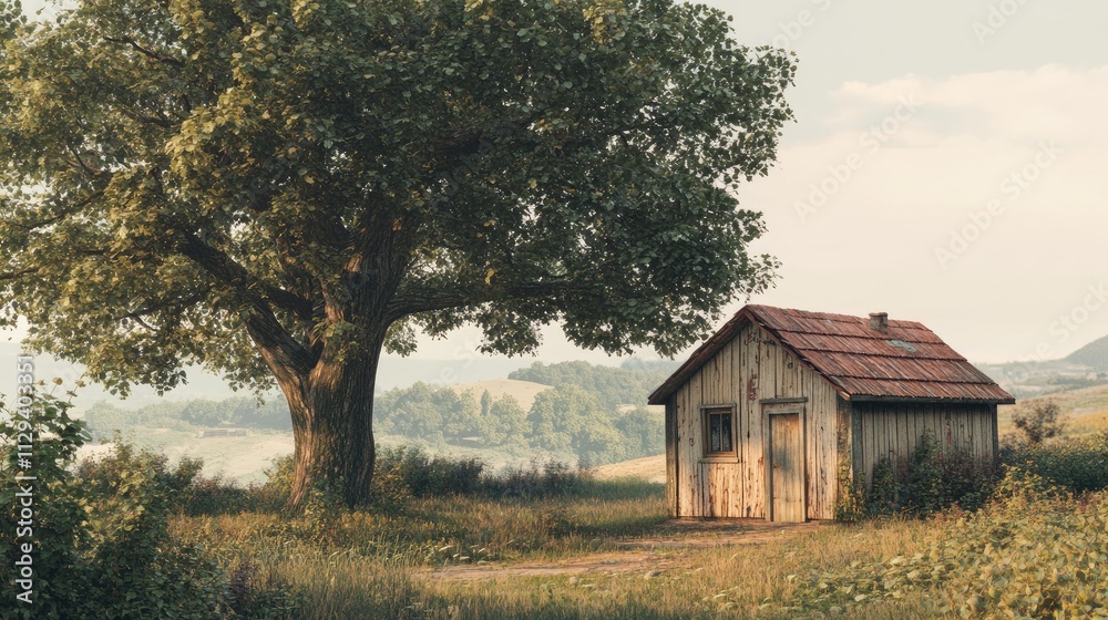 Rustic wooden shed beside a large tree in a serene rural landscape of Hungary showcasing natural beauty and tranquility Rustic wooden shed beside a large tree in a serene rural landscape of Hungary showcasing natural beauty and tranquility