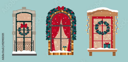 Christmas window illustration set. Decorated windows of houses with garlands, Christmas wreaths, toys, gifts. Isolated vector clipart on blue background.