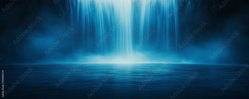Fototapeta premium A serene waterfall cascades down into a tranquil pool, surrounded by mist and illuminated by soft blue light.