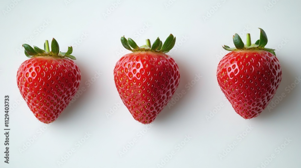 Fresh organic strawberries arranged in a row on a clean white background showcasing their vibrant color and natural texture. Fresh organic strawberries arranged in a row on a clean white background showcasing their vibrant color and natural texture.