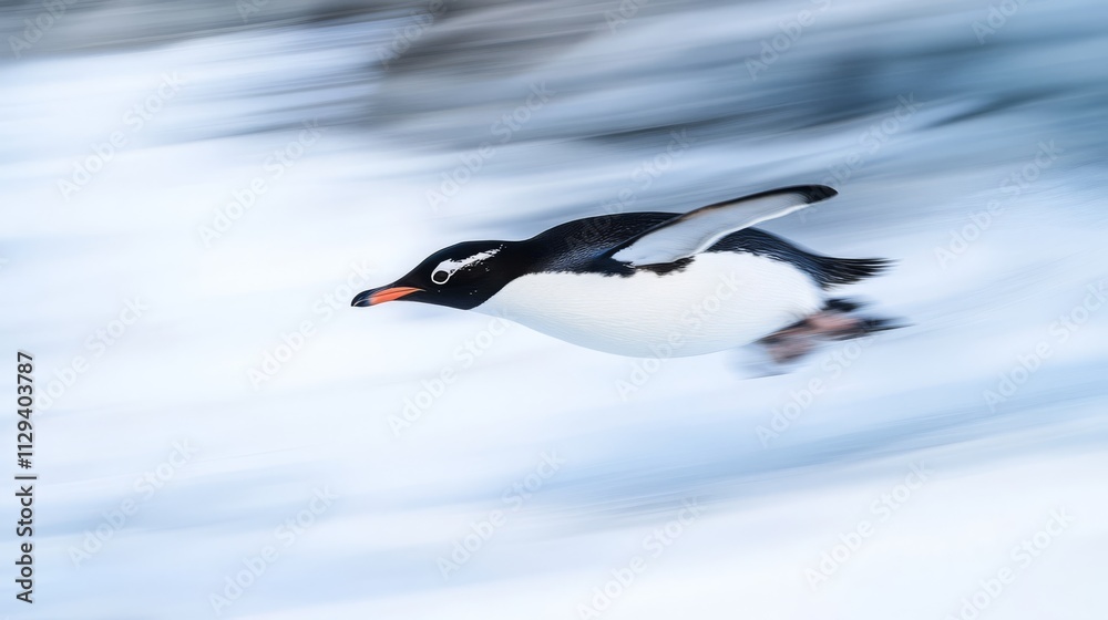 Gentoo penguin in flight, blurred background. Gentoo penguin in flight, blurred background.