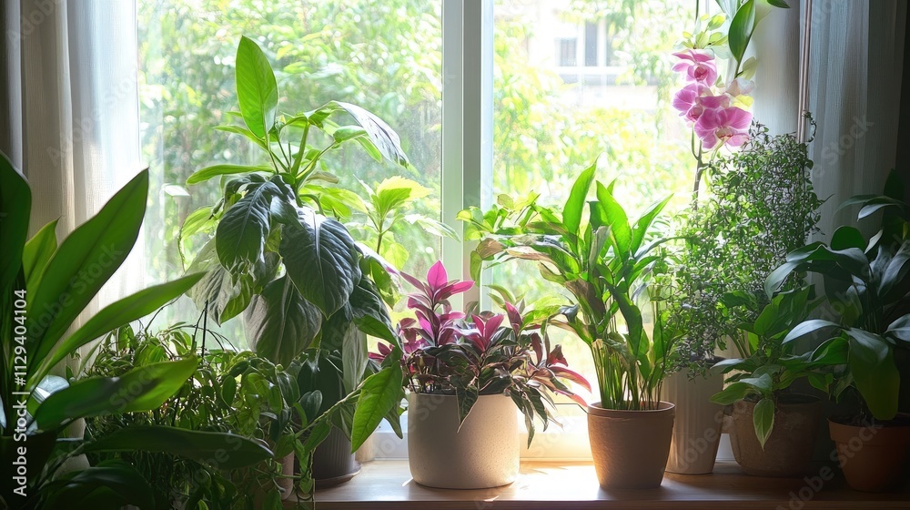 Cozy interior with vibrant houseplants highlighting home design and greenery aesthetics in natural light by a window. Cozy interior with vibrant houseplants highlighting home design and greenery aesthetics in natural light by a window.