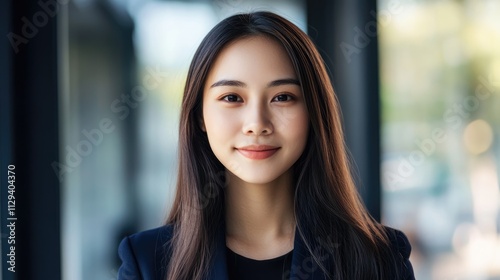 Professional woman in business attire smiling confidently in a modern office setting representing leadership and customer relationship management concepts