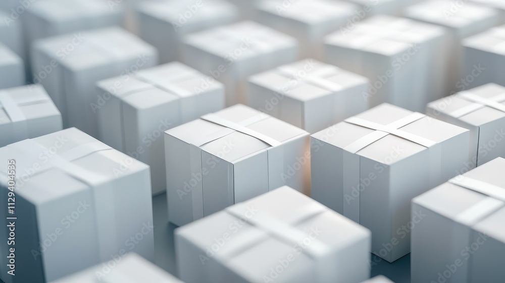 White delivery parcels arranged in rows illustrating the shipping industry related to online shopping and e-commerce logistics concepts. White delivery parcels arranged in rows illustrating the shipping industry related to online shopping and e-commerce logistics concepts.
