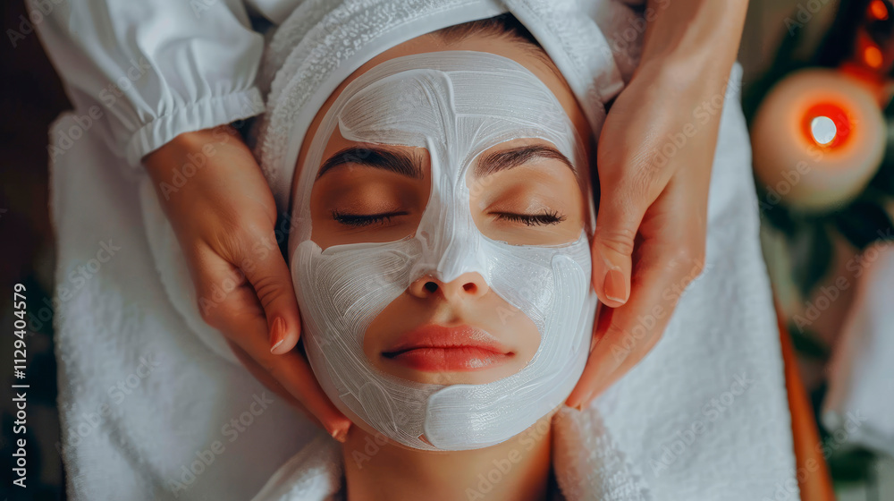Calming spa facial treatment with white mask and candlelight portrait image. Soothing hands, beauty care picture photorealistic photography. Wellness therapy concept photo realistic Calming spa facial treatment with white mask and candlelight portrait image. Soothing hands, beauty care picture photorealistic photography. Wellness therapy concept photo realistic