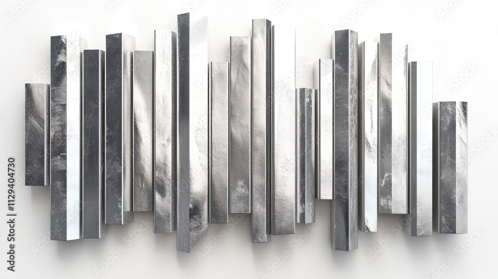 Modern artistic arrangement of silver bars creating a stunning visual display on a bright white background for minimalist design purposes Modern artistic arrangement of silver bars creating a stunning visual display on a bright white background for minimalist design purposes