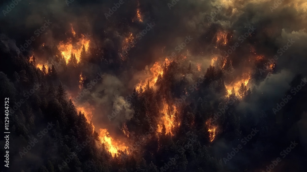 Aerial view of raging forest fire with smoke clouds and flames consuming trees in a dense forest landscape Aerial view of raging forest fire with smoke clouds and flames consuming trees in a dense forest landscape