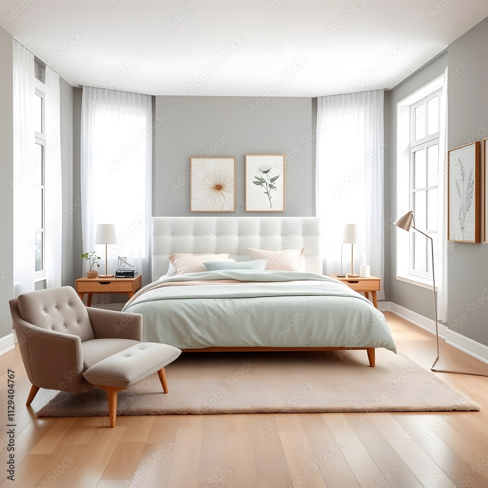 Fototapeta premium Modern Luxury Bedroom Interior with Elegant Grey Bed, Wooden Nightstands, and Minimalist Decor