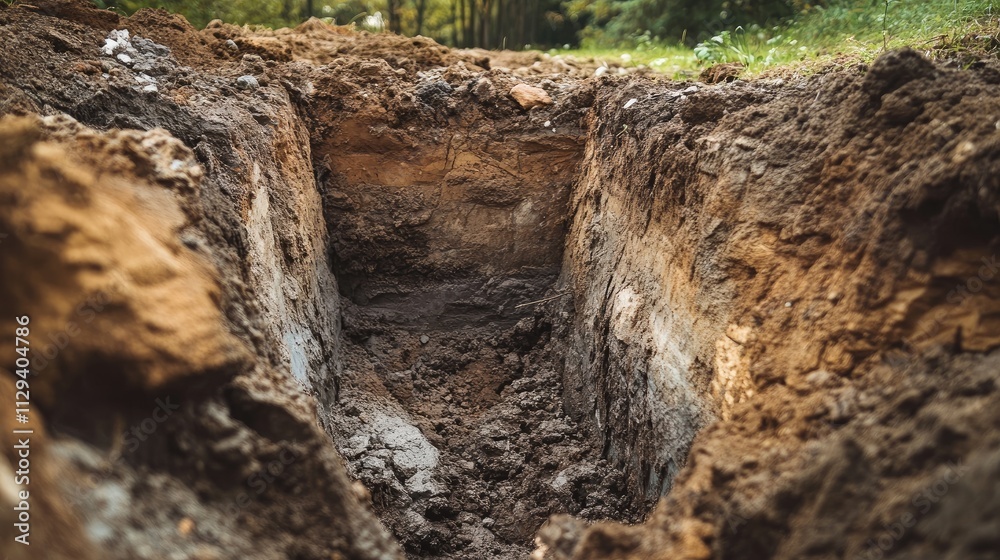 Excavation site showing a side view of a deep hole in the ground with soil and rock formations for construction or geological studies. Excavation site showing a side view of a deep hole in the ground with soil and rock formations for construction or geological studies.