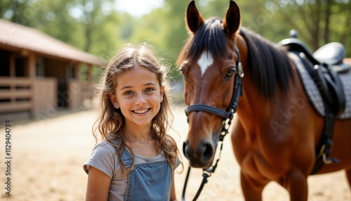 Smiling girl with a horse in a sunny stable environment