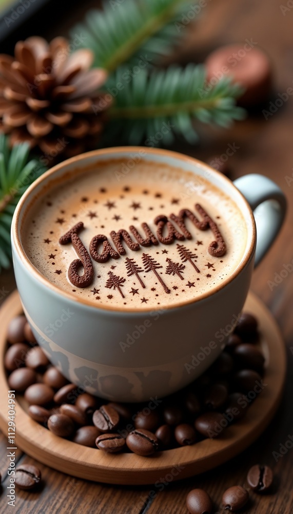 Coffee cup with January text decorated with cocoa powder on a wooden table Coffee cup with January text decorated with cocoa powder on a wooden table