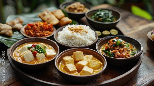 Traditional Indonesian Sayur Lodeh with rice and assorted side dishes presented in bowls on a wooden tray for a culinary experience