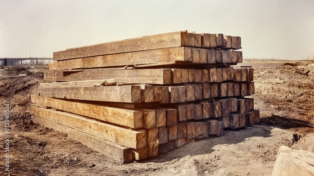 Stacked timber frames ready for use at a construction site showcasing industrial material storage and preparation for building projects. Stacked timber frames ready for use at a construction site showcasing industrial material storage and preparation for building projects.