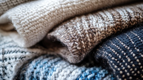 Textured close-up of cozy knitted fabric layers in neutral tones showcasing craftsmanship and warmth for textile and fashion design concepts. photo