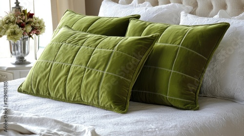 Plush square green pillows elegantly arranged on a pristine white bed sheet in a cozy bedroom setting. photo
