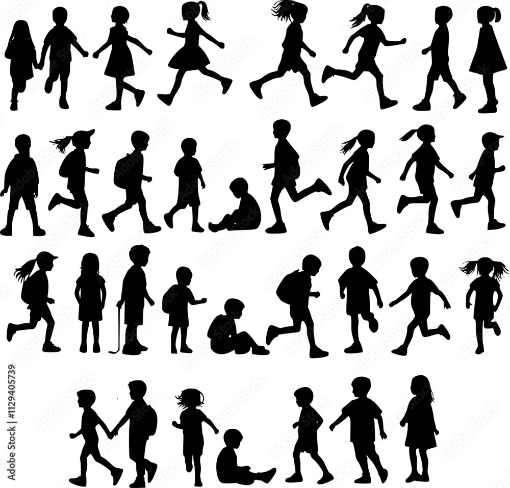 Kids Playing and Running Silhouettes Kids Playing and Running Silhouettes