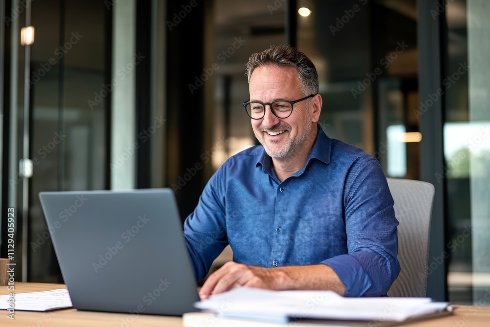 Middle-aged professional engaged in productive work with laptop in a bright office Middle-aged professional engaged in productive work with laptop in a bright office