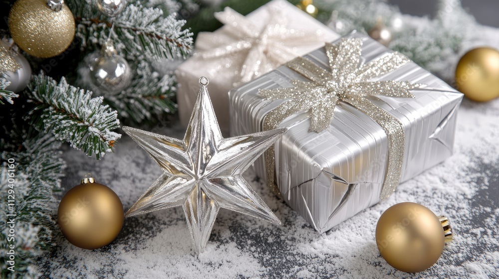 Elegant silver Christmas star ornament with golden gift boxes and festive decorations on a beautifully adorned holiday tree setting. Elegant silver Christmas star ornament with golden gift boxes and festive decorations on a beautifully adorned holiday tree setting.