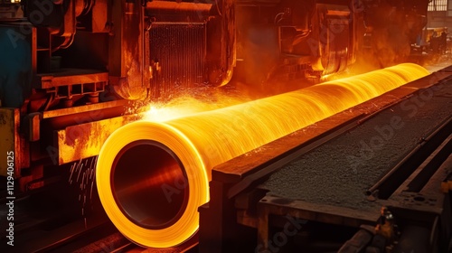 Glowing hot metal pipe during industrial manufacturing process.