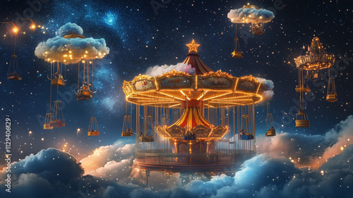 A carnival scene where the rides are made of clouds and stars photo