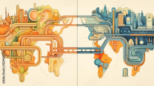 Abstract world map with colorful network design. photo