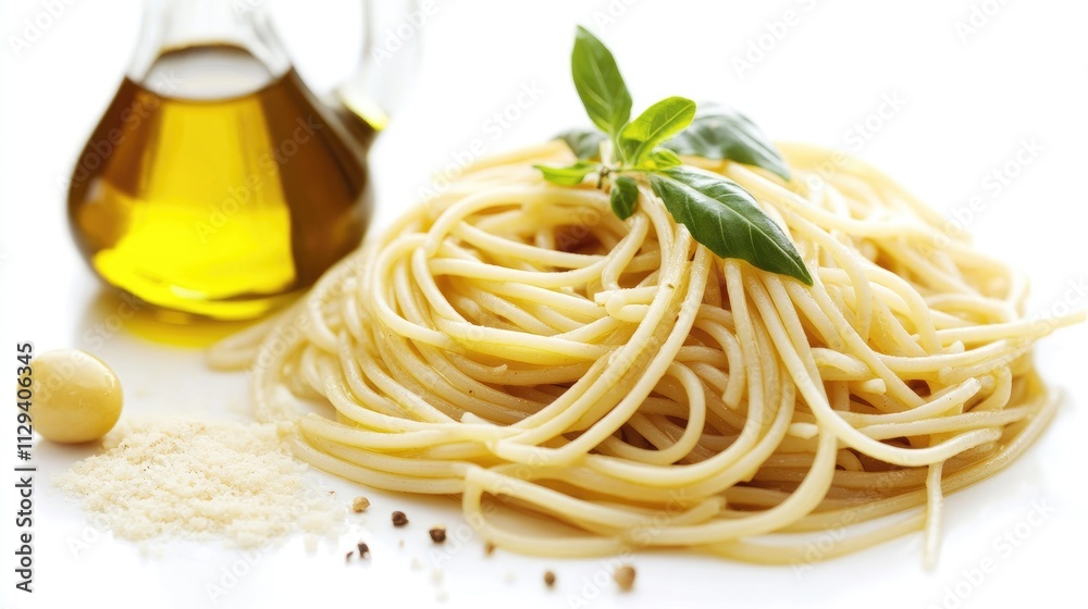 Delicious spaghetti with olive oil and fresh basil on a white background showcasing Italian culinary simplicity and elegance Delicious spaghetti with olive oil and fresh basil on a white background showcasing Italian culinary simplicity and elegance