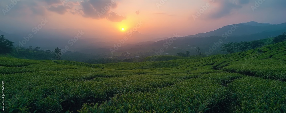 Lush Green Tea Fields at Dawn in Rolling Hills, Generative AI Lush Green Tea Fields at Dawn in Rolling Hills, Generative AI