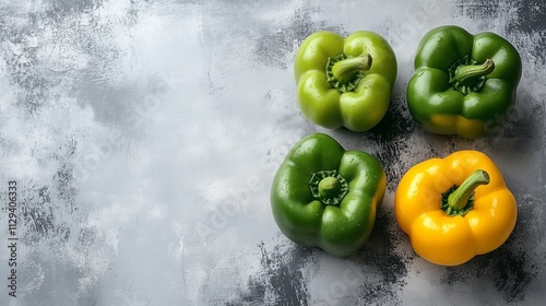 Fresh green and yellow bell peppers on a white background