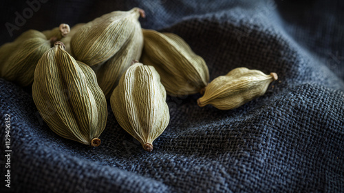 Several cardamom pods placed on a dark, textured fabric, emphasizing their natural structure.