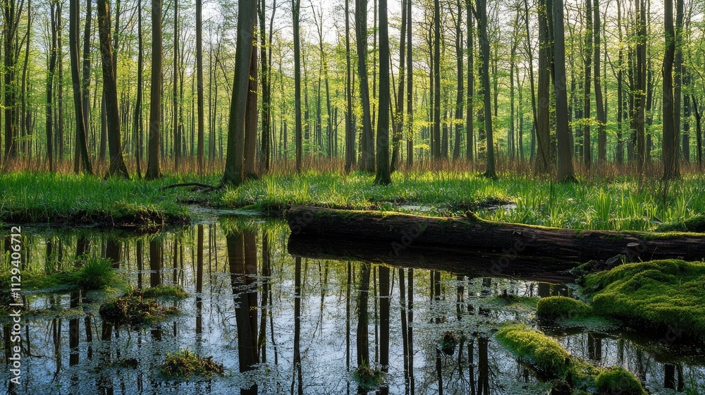 Tranquil forest river scene with lush greenery fallen logs and serene water reflections in a pristine natural environment Tranquil forest river scene with lush greenery fallen logs and serene water reflections in a pristine natural environment