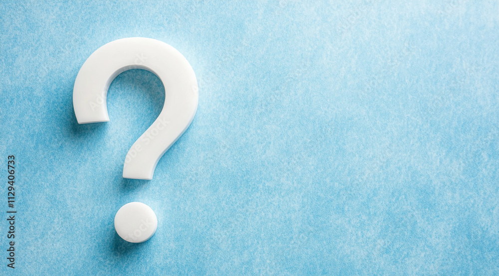 Large white question mark on a light blue background suggesting inquiry or curiosity during daytime Large white question mark on a light blue background suggesting inquiry or curiosity during daytime