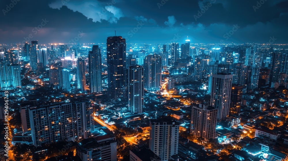 Obraz premium Urban cityscape at night showcasing social media engagement and analytics with futuristic digital data connections and technology integration