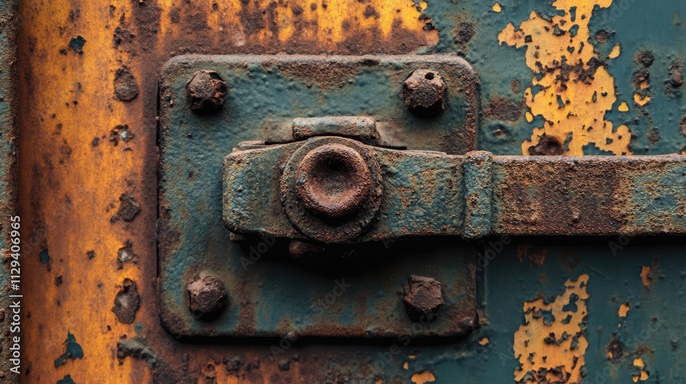 Rusty metal lock detail on an old factory door showcasing wear and neglect in an industrial environment.