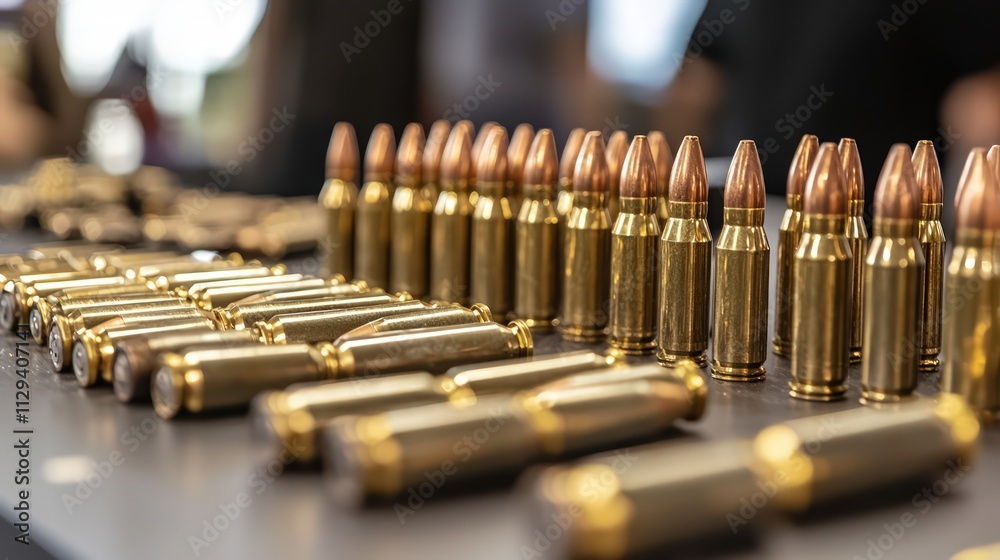 rifle ammunition displayed on a table, emphasizing craftsmanship rifle ammunition displayed on a table, emphasizing craftsmanship
