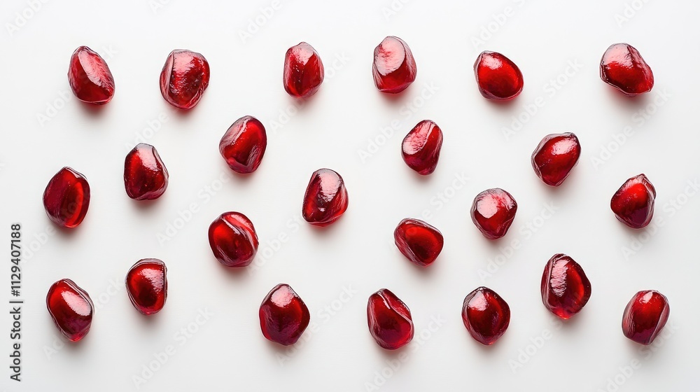 Ripe vibrant pomegranate seeds arranged artistically on a clean white background showcasing their glossy texture and rich color. Ripe vibrant pomegranate seeds arranged artistically on a clean white background showcasing their glossy texture and rich color.