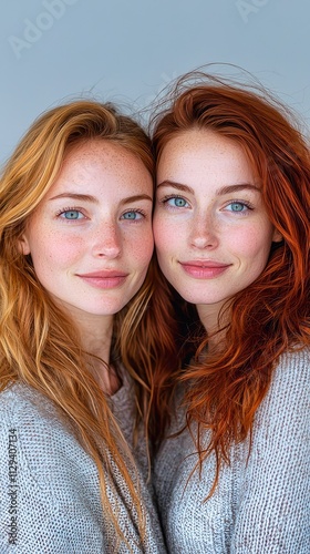 Two smiling women with vibrant hair and bright eyes share a moment of joy in a cozy, neutral-toned environment during a sunny day